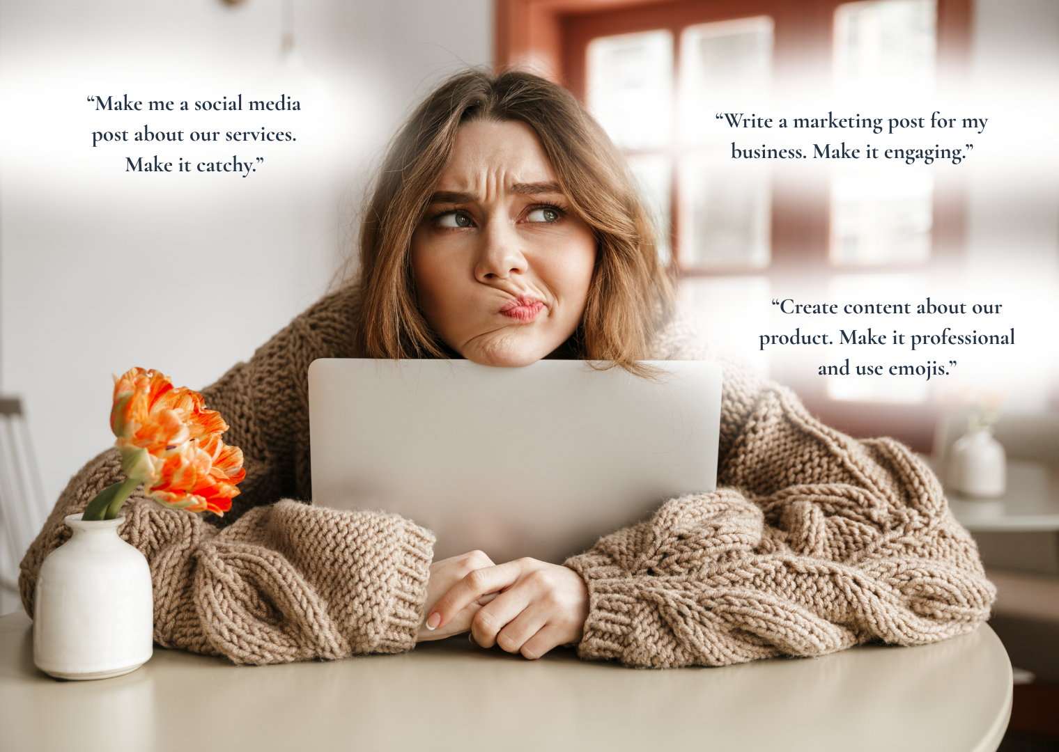 Frau am Laptop mit generischen KI Prompts auf Deutsch, Englisch und Spanisch, als Symbol für wiederholenden KI Content und fehlendes eigenes Denken.