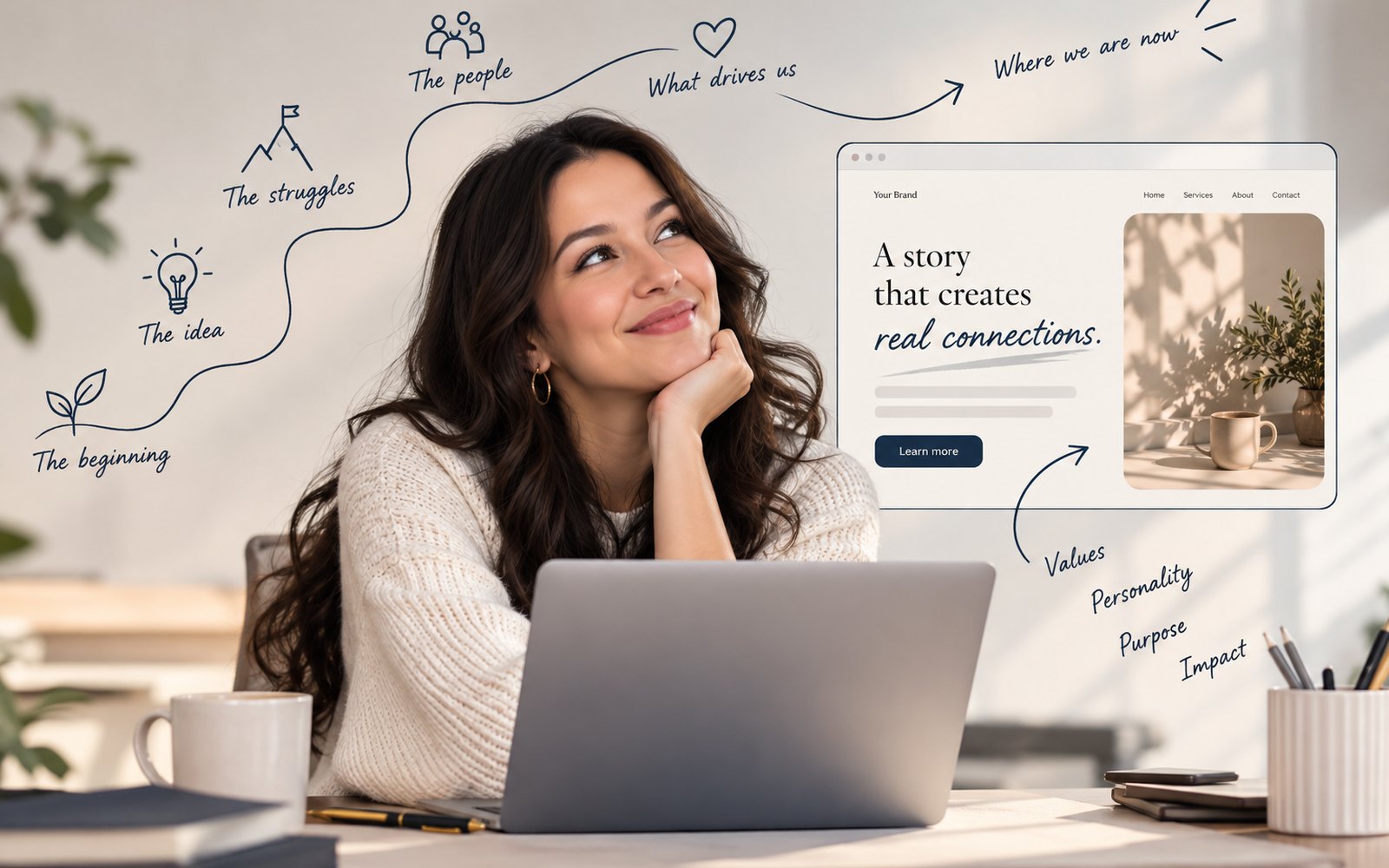 Frau arbeitet am Laptop, umgeben von visuellen Notizen zu Unternehmensgeschichte, Werten, Persönlichkeit und Purpose.