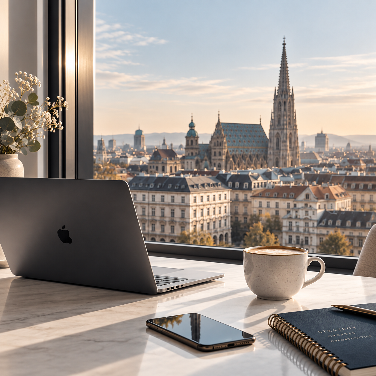 Heller Arbeitsplatz für digitales Marketing mit Blick auf Wien, Laptop, Kaffee, Notizbuch und Blumen